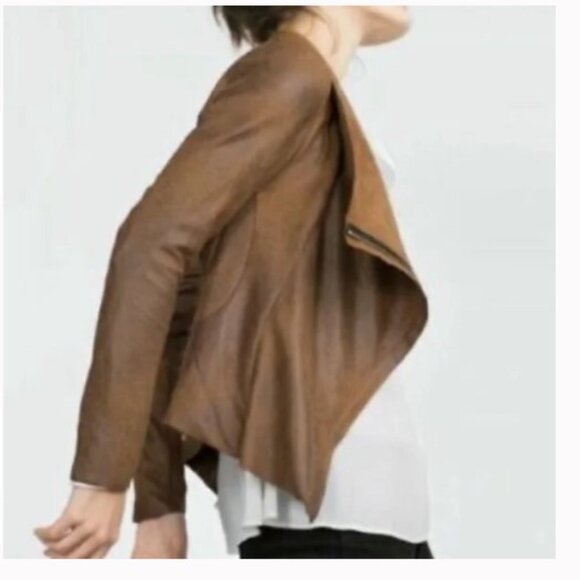 Zara Brown Faux Suede Leather Moto Jacket Cowl Neck Zip Up - Size XS - Picture 2 of 16